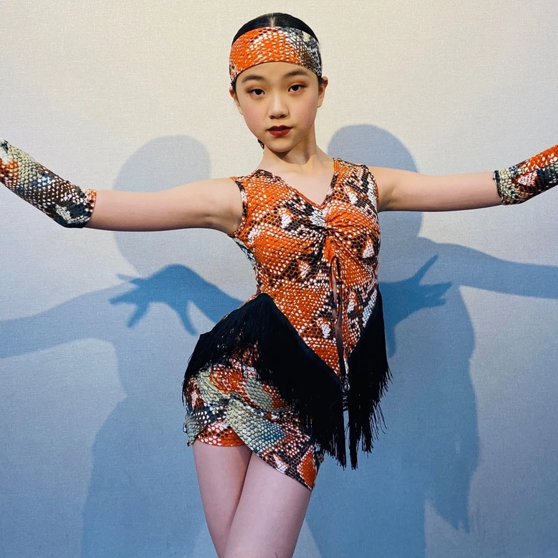 Traje de baile latino con diseño de serpiente naranja para niña, ropa de práctica de baile Tango Samba, ropa para actuación en escenario Cha para niños VBH1300