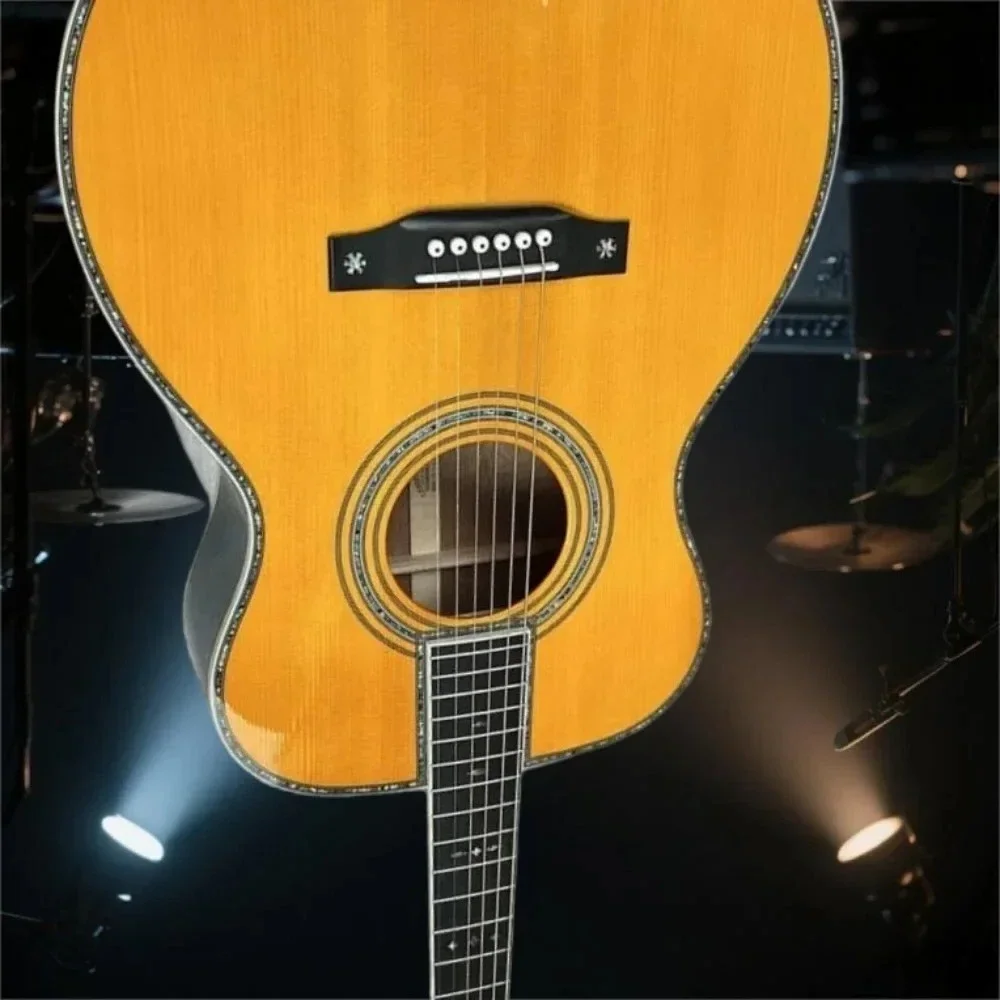 Envío Gratis amarillo OM42 totalmente de madera maciza Picea Asperata cuerpo redondo mano de obra exquisita guitarra acústica de tono completo