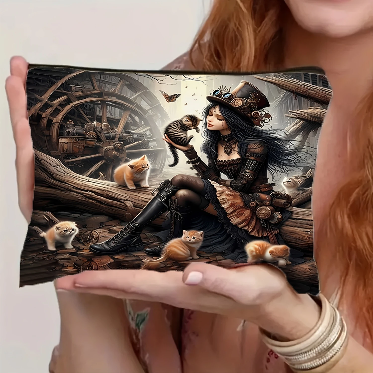 حقيبة مكياج ذات سعة كبيرة |   تصميم ميكانيكي على الطراز القوطي والقطط Steampunk