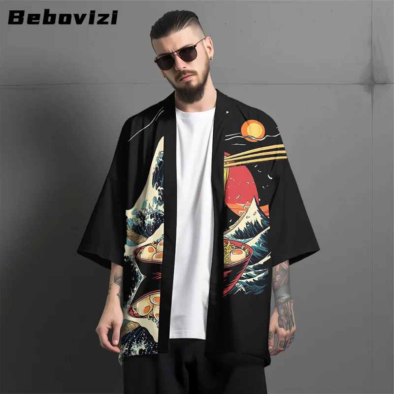 

Streetwear Men Women Cardigan Haori 2025 New Design Ramen Waves Print Kimono Yukata Tops Beach Japanese Robe Plus Size