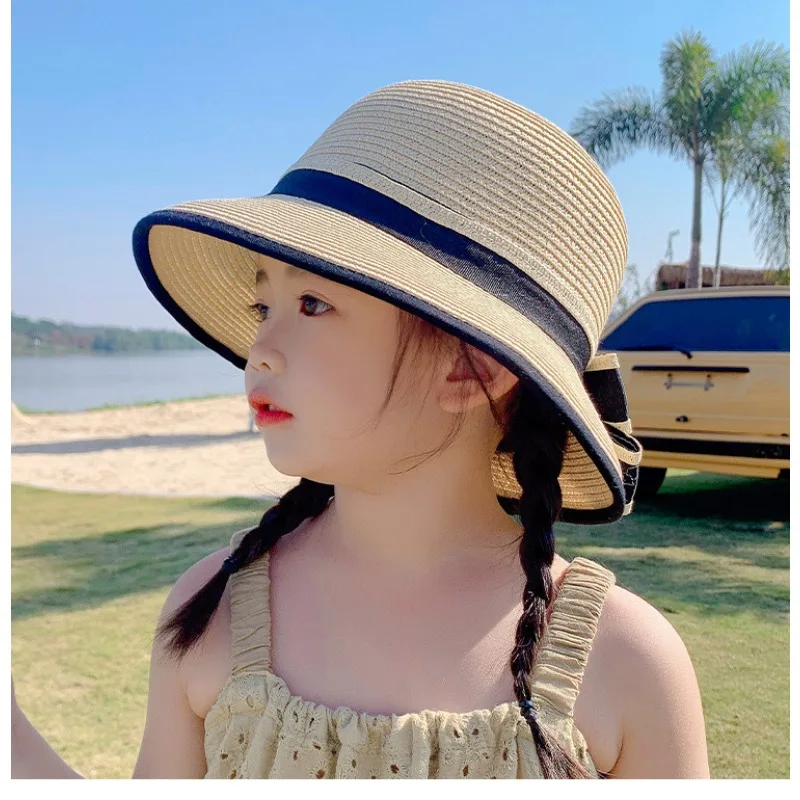 Fashion Straw Woven Hat Kids Girls Beach Hat Outdoor Travel Sun Hat Baby Beanie UV Protection Bucket Hats for Children