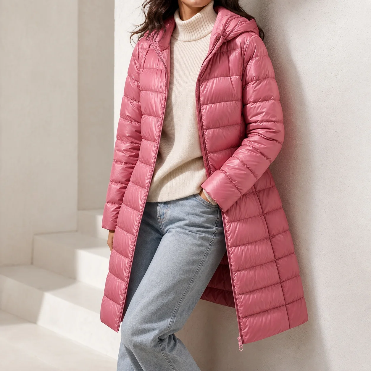 Women's Winter Korean Style Lightweight Slim Fit Long Sleeve Jacket with Detachable Hood Zipper Closure Solid Color Breathable