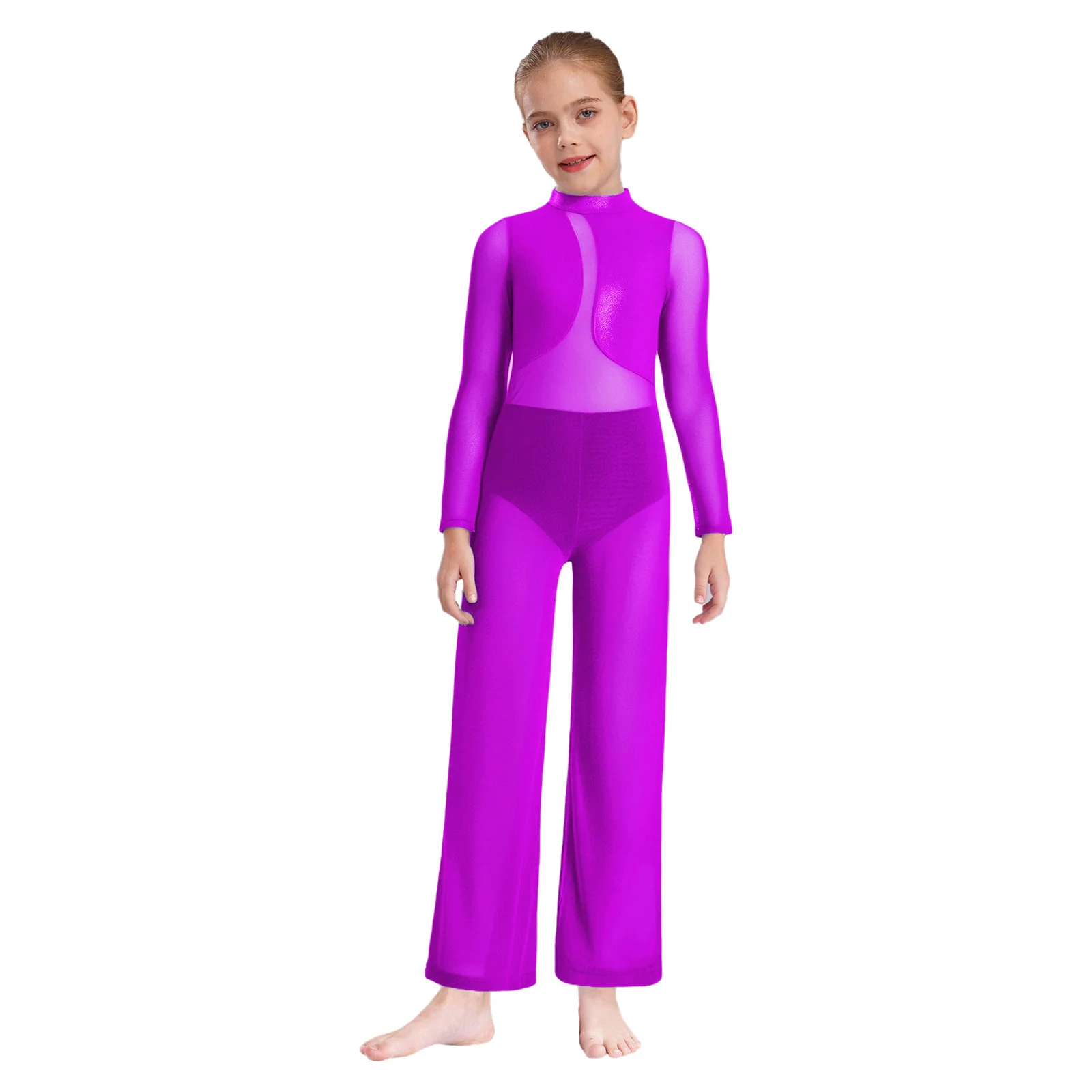 Girl's Gymnastics Jumpsuit Full Body Leotard Sheer Mesh Patchwork Wide-Leg Metallic Long Sleeve Keyhole Back Performance Costume