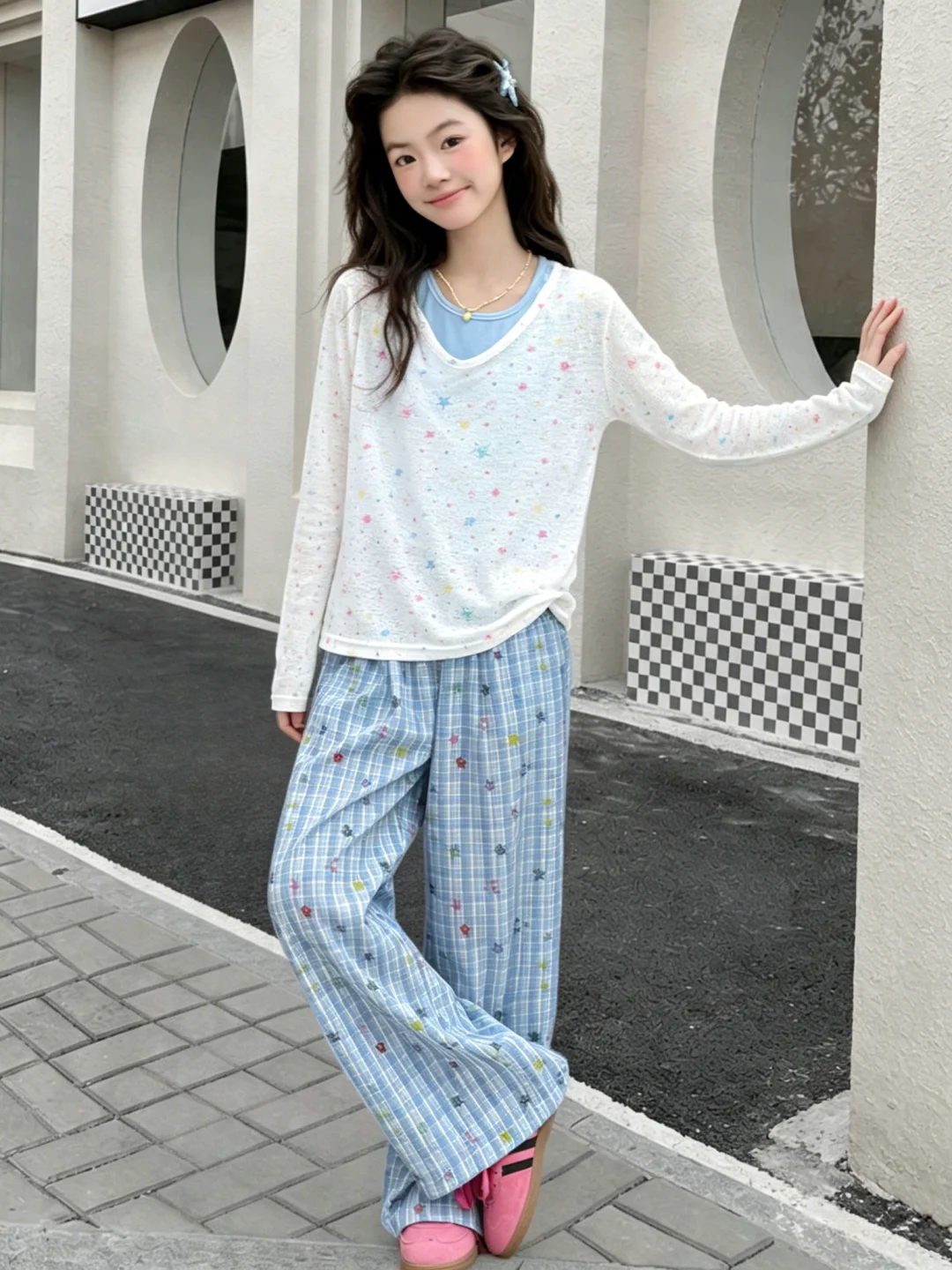 girls-summer-outfit-2026-new-mid-large-children's-clothes-sun-protection-suit-summer-vest-plaid-wide-leg-pants-three-piece-set