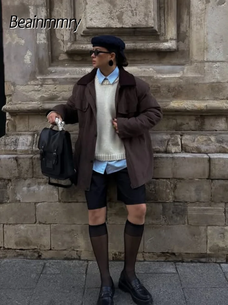 

Solid Patchwork Corduroy Jacket Women Casual Lapel Long Sleeve Single-breasted Loose Coat 2025 Autumn Lady Chic Street Outwear