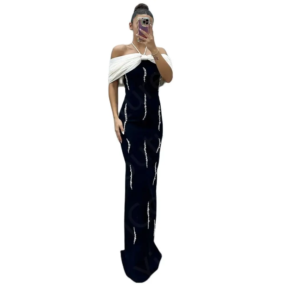 New Black and White Evening Dresses Contrast Color Prom Party Dresses Off Shoulder Halter Neck Wedding Guest Gowns Pearls 2024