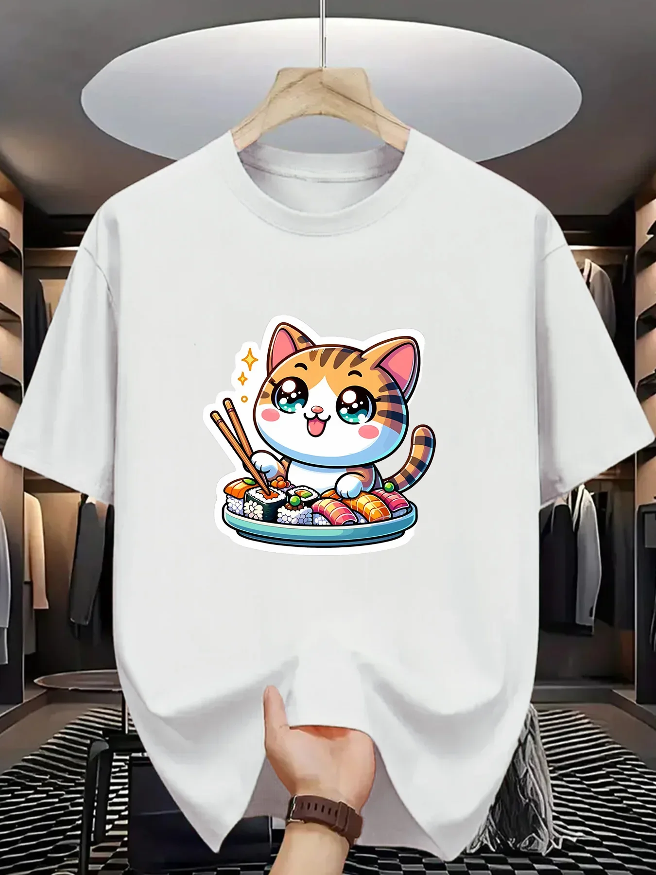 

Cute Cat Eating Sushi Graphic Tee Men Cotton Round Neck Short Sleeve T-Shirt