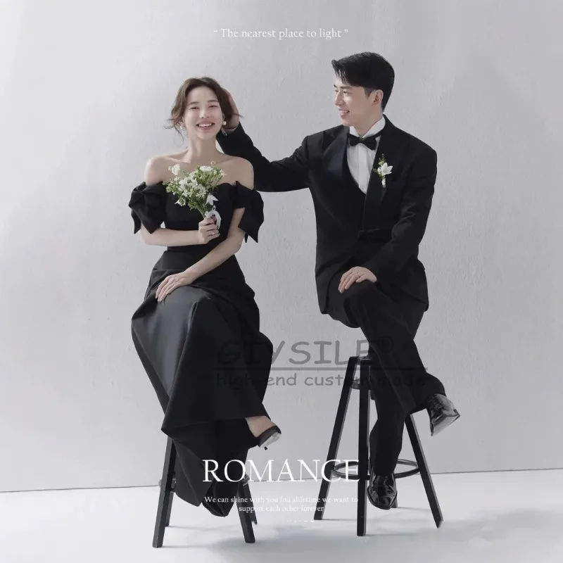 GIYSILE Customized High-grade Wedding Dress Retro Hepburn Style Black Satin  TshionSimpl E One-shoulder Party Dress Strap Back