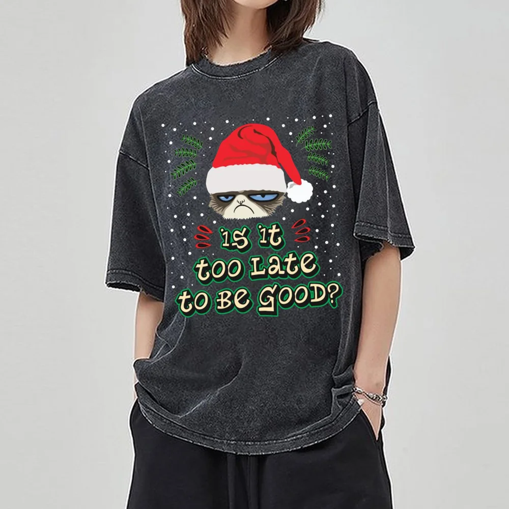 Funny Santa's Hat Printed T Shirt Holiday Merry Christmas Washed Cotton T-Shirt New Year Tees Women Harajuku Summer Short Sleeve