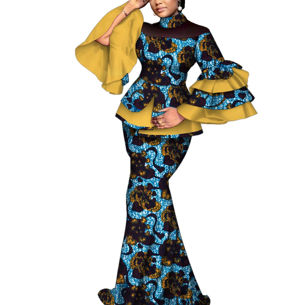 African Clothes for Women 2 Pieces Set Flare Sleeve Shirt and Maxi Long Skirt Elegant Dashiki Party Wedding Dress Wy10127