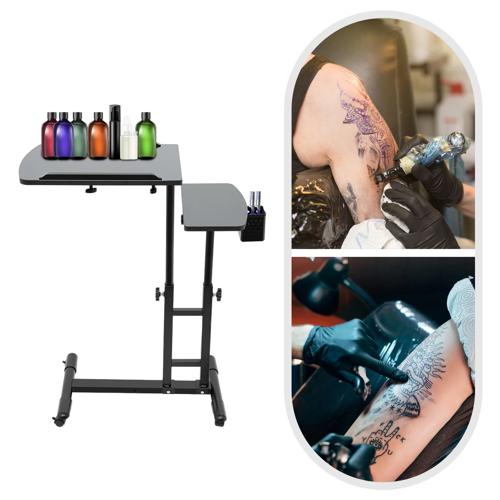 Portable Tattoo Table Station, Tattoo Workbench Stand On Wheels, Iron Tattoo Stable Base, 57.5-90cm Adjustable