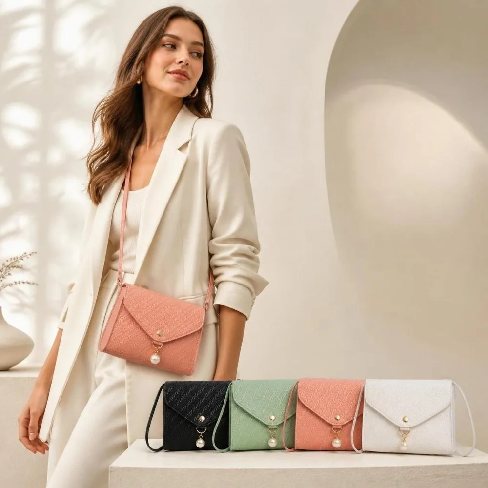 Fashionable PU Leather Crossbody Bag Adjustable Shoulder Strap Small Square Bag Pearl Bead Shoulder Bag Daily Use