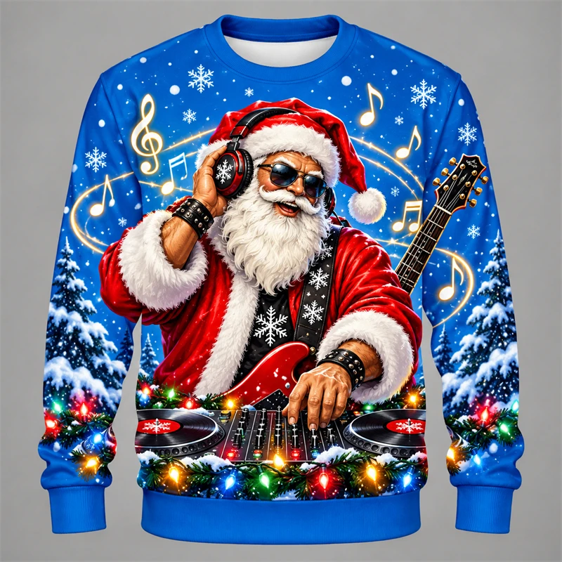3D Print Rock Santa Guitar Graphic Men Ugly Christmas Sweater Unisex Crewneck Pullover Music Lover Holiday Sweatshirt Y2k Tops