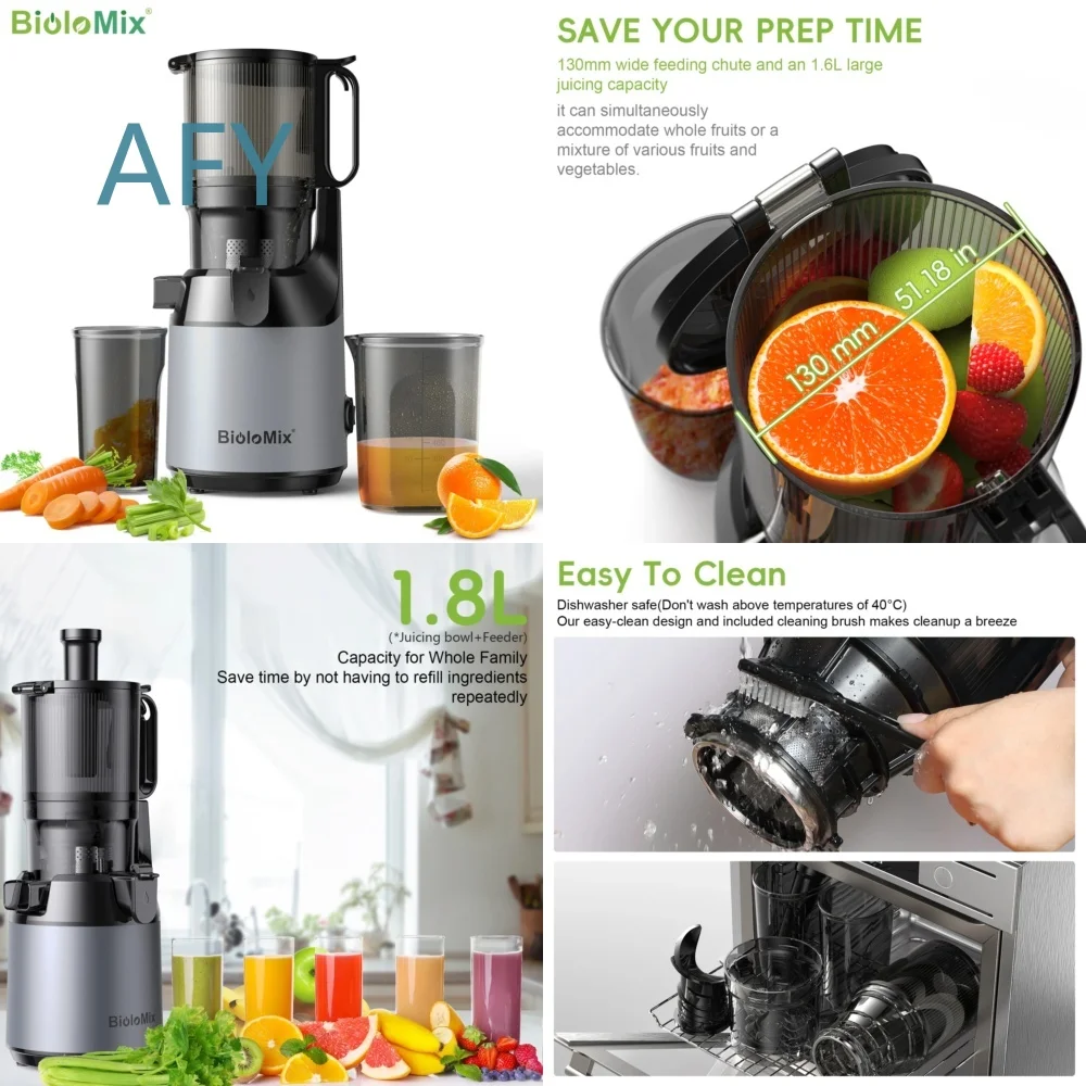Cold Press Juicer for BioloMix Models with 130mm Wide Feed Chute Whole Fruit Vegetable Compatibility High Yield BPA Free Slow