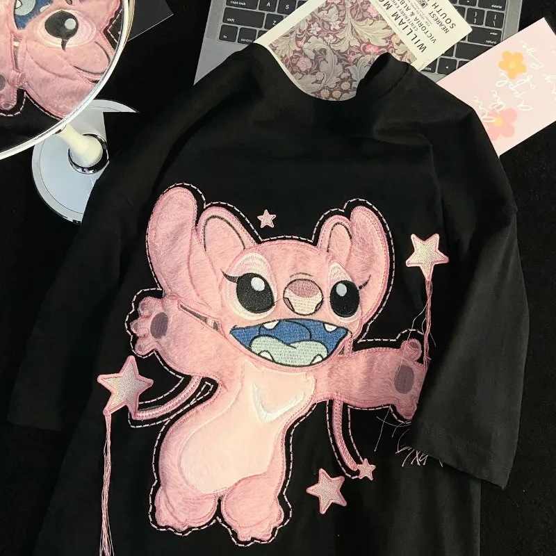 Disney Pink Stitch T-shirt Cartoon Cute Girls Round Neck Casual Loose T-Shirt Y2K Summer Couple Print Short Sleeve Tops Gifts