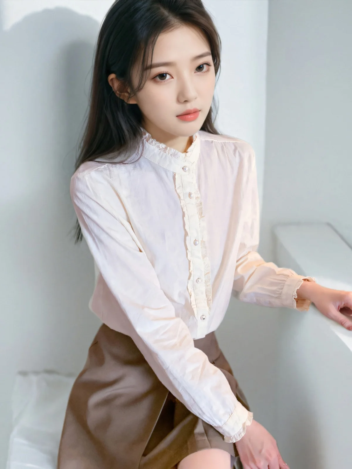 Camisa de Manga Larga con Cuello Alto y Mangas Abullonadas Blossom Trim para Mujer, Estilo Dulce, Algodón y Poliéster, Primavera, Otoño, Invierno, Vintage