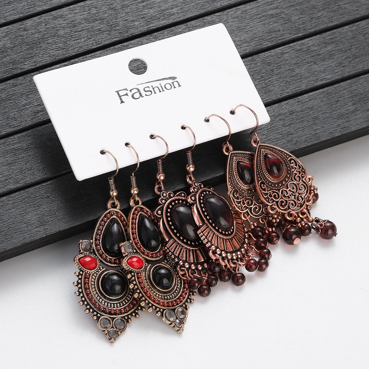 Ethnic Vintage Wine Red Geometric Pendant Earrings Antique Carved Crystal Tassel Earrings for Women Bohemian Wedding Jewelry