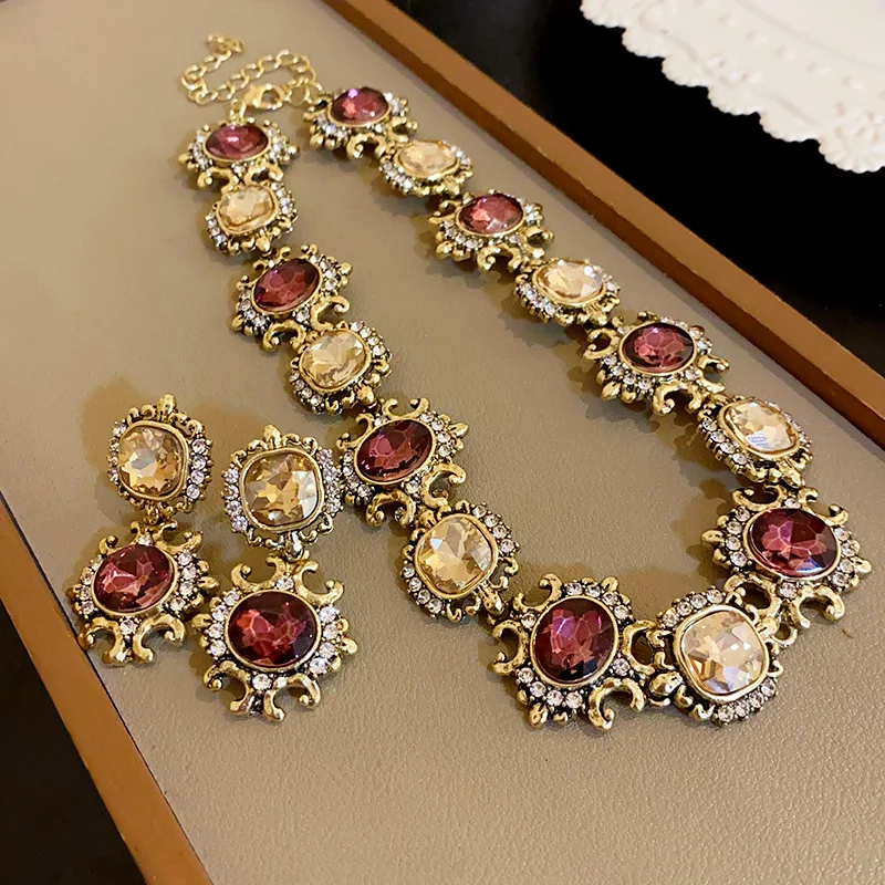 FYUAN Vintage Baroque Style Necklace Earrings For Women Brown Crystal Earrings Banquet Weddings Jewelry Sets