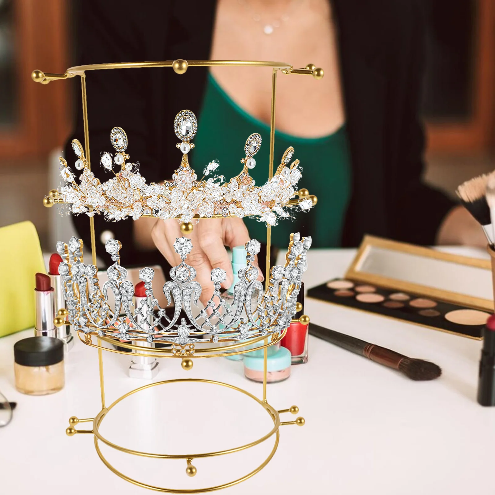 

Golden Crown St for Bridal Headb Jewelry Holder Multilayer Metal Rack Storage Necklace Tiara Headwear ganizer St