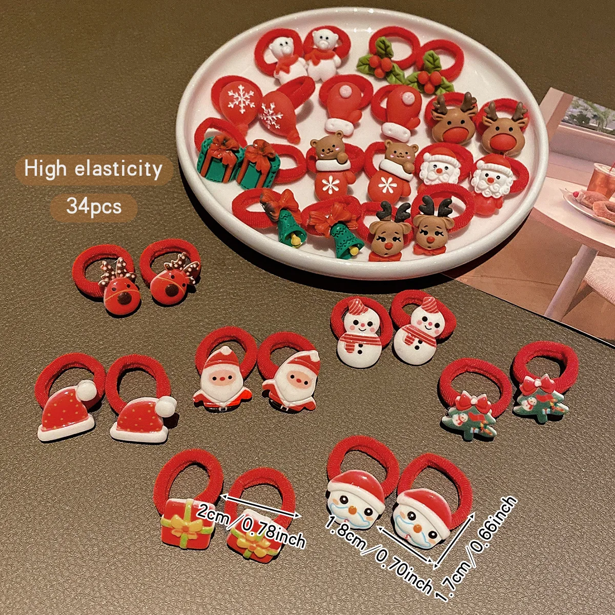 34 Christmas cartoon cute rubber bands, Santa Claus snowman hairbands, suitable hair accessories for Christmas use