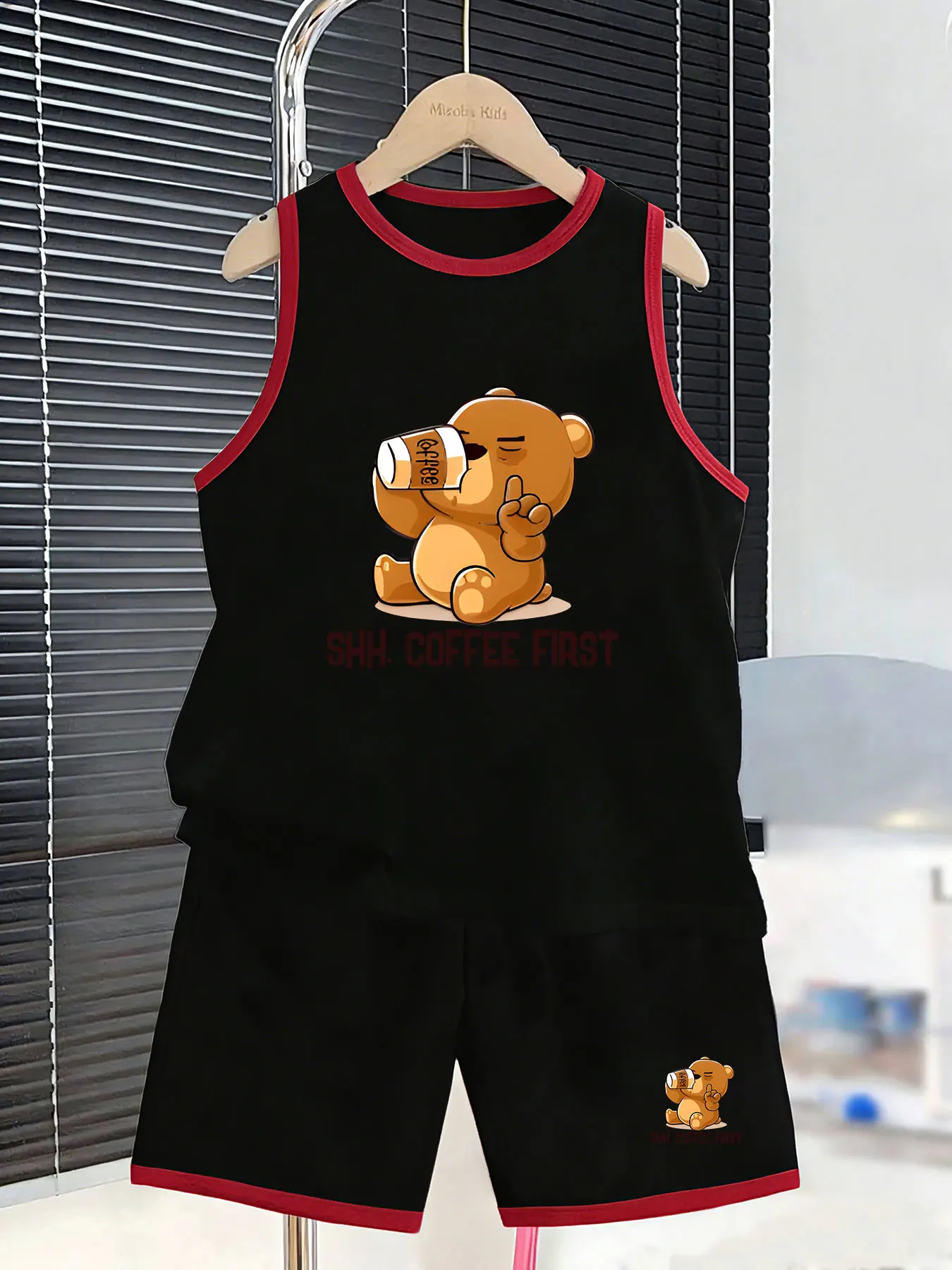 Boys' Coffee Bear Style Vest and Shorts Two-Piece Set, creating a vibrant summer outfit. Made of skin-friendly and breathable fa