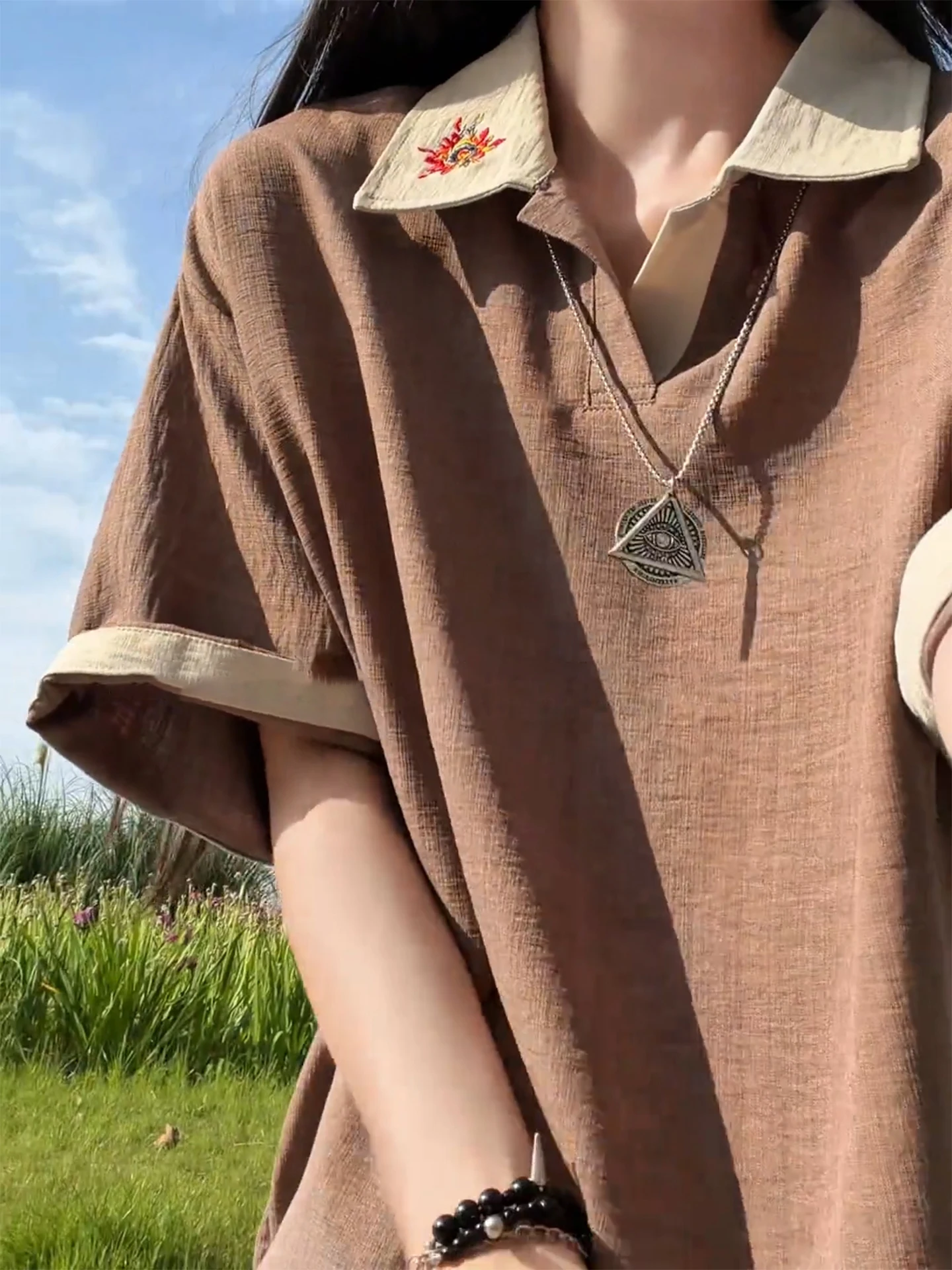 

Café Brown Embroidered Shirt Short Sleeve Men's Summer Linen Contrast Color Collar T-Shirt Thin Casual Half Sleeve