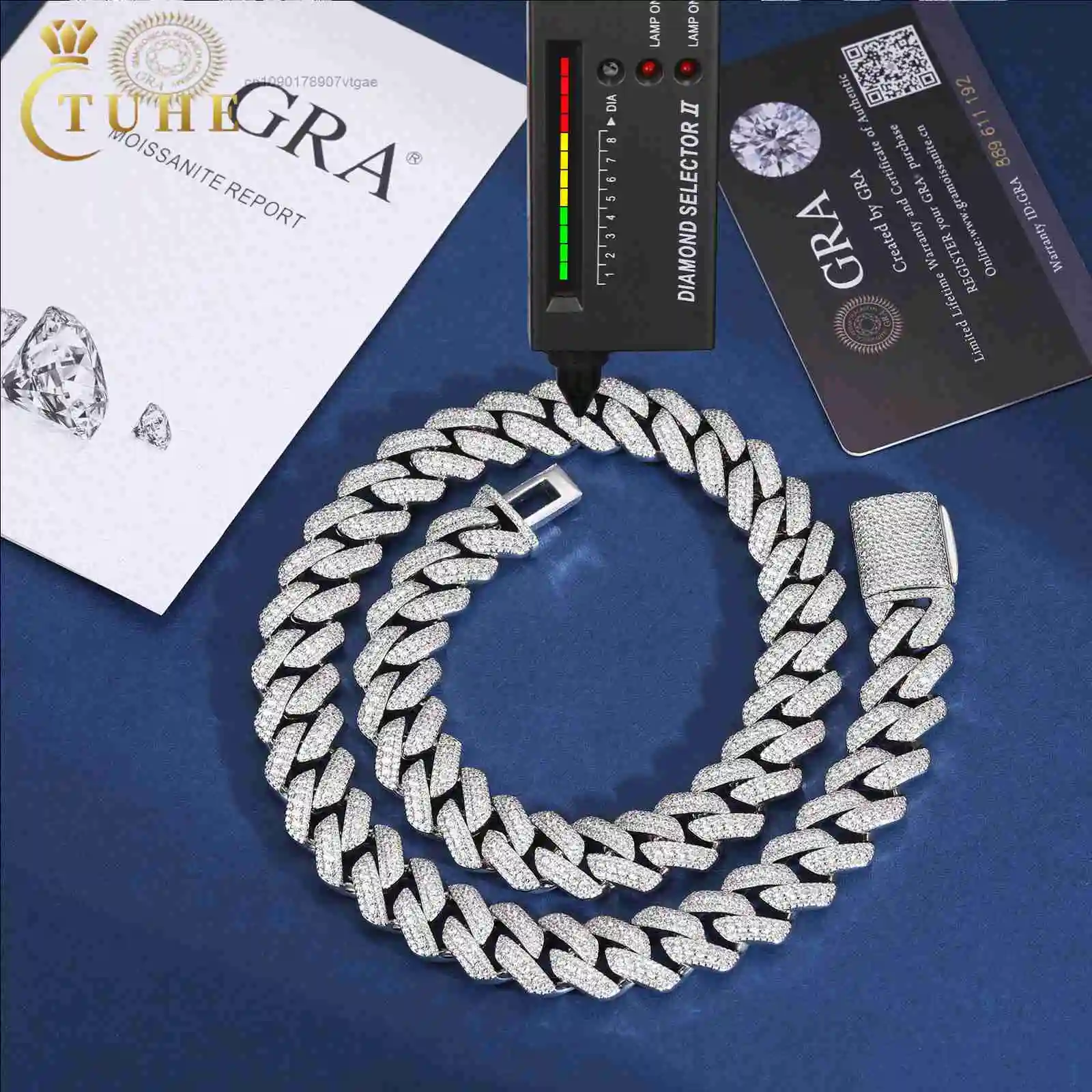 Service Custom Cubanas 15mm 925 Sterling Silver 3 Rows VVS Moissanite Diamond Iced Out Cuban Link Chain Necklace for Men.
