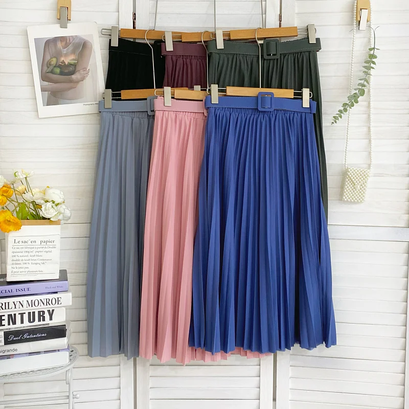 

Модная плиссированная юбка-миди с высокой талией для женщин, осень-зима, новая утягивающая юбка трапециевидной формы с поясом Ele Swinging ...