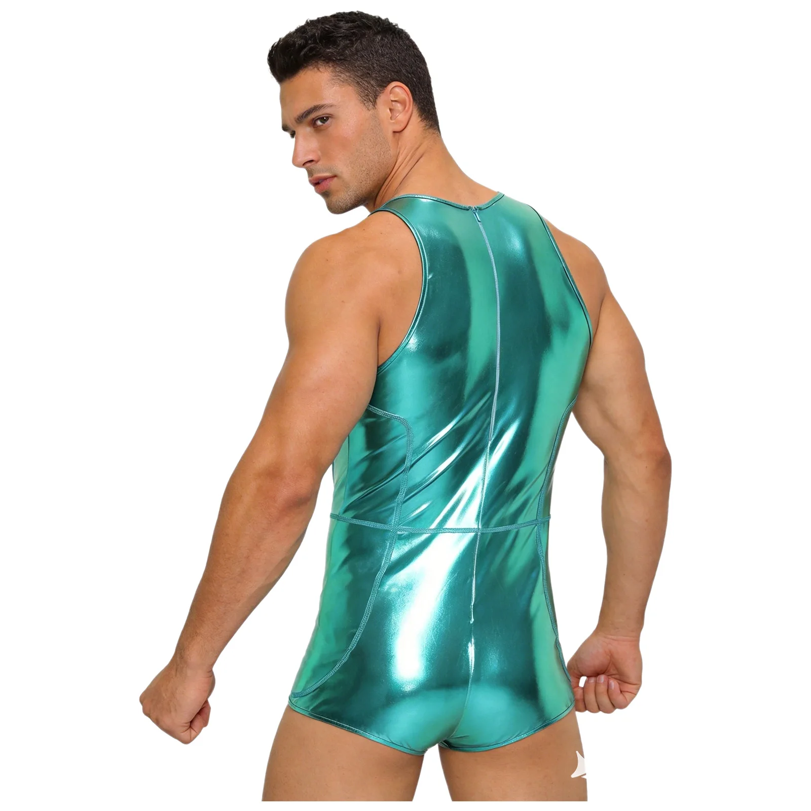 Herren-Badeanzug mit metallischem Glanz, Rundhalsausschnitt, ärmellos, einteiliger Badeanzug, Shorts, Reißverschluss hinten, Badeanzug, Clubwear – Detail 9