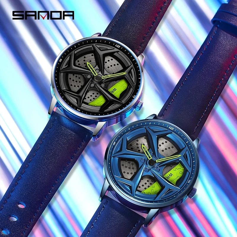 SANDA-Relógio de pulso impermeável de aço inoxidável masculino, 360 Girating Car Wheel Dial, Sports Quartz Watch, moda casual, luxo, 1087