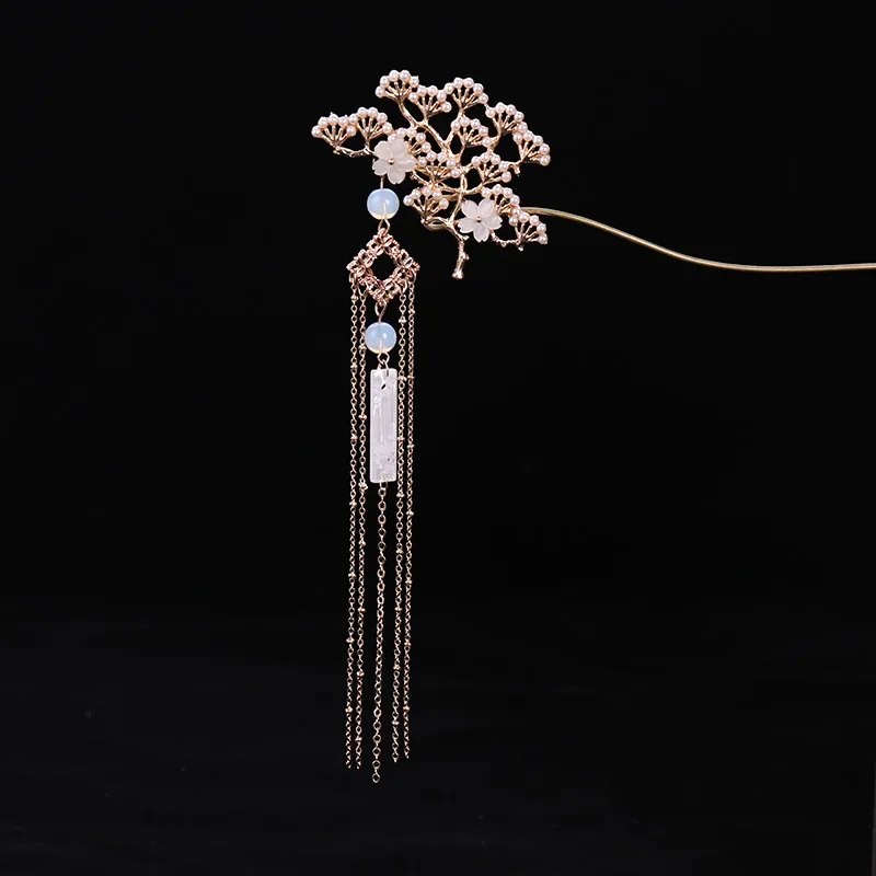 Womens Crystal Hair Clasp Flowers Shape Design  Silver Step Shake Hanfu Hair Stick with Tassel Headwear Hairpins Jewelry