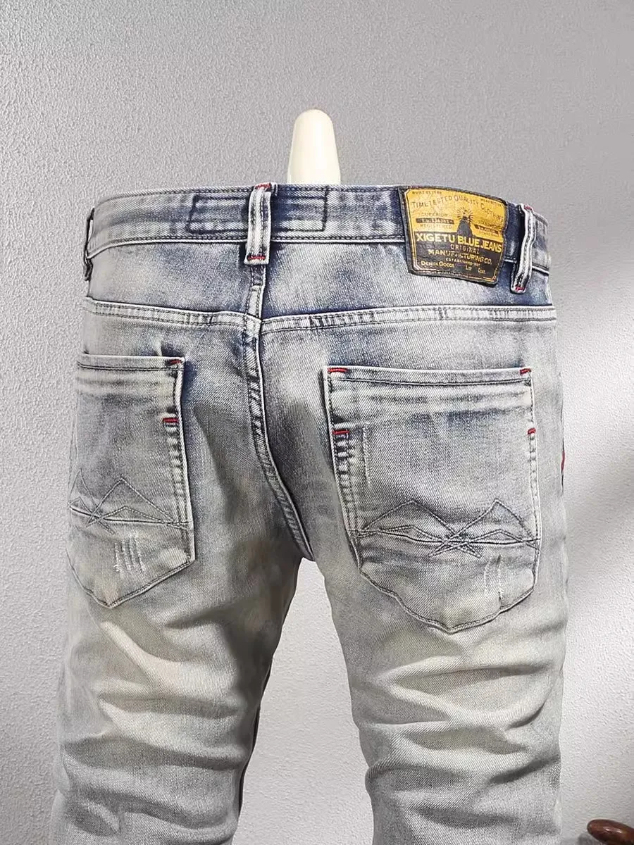 Fashion Designer Men Jeans High Quality Retro Washed Light Blue Elastic Slim Fit Ripped Jeans Men Vintage Denim Pants Hombre