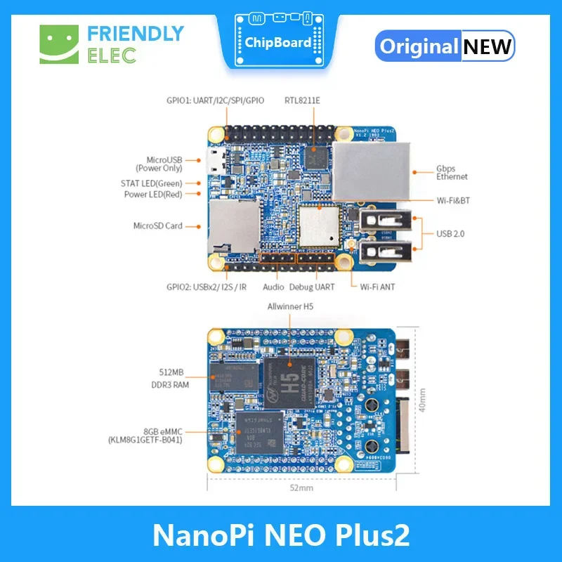 NanoPi NEO Plus2 Demon Board 512MB DDR3 RAM 8GB eMMC Allwinner H5 Quad-core 64-bit high-performance Cortex A53