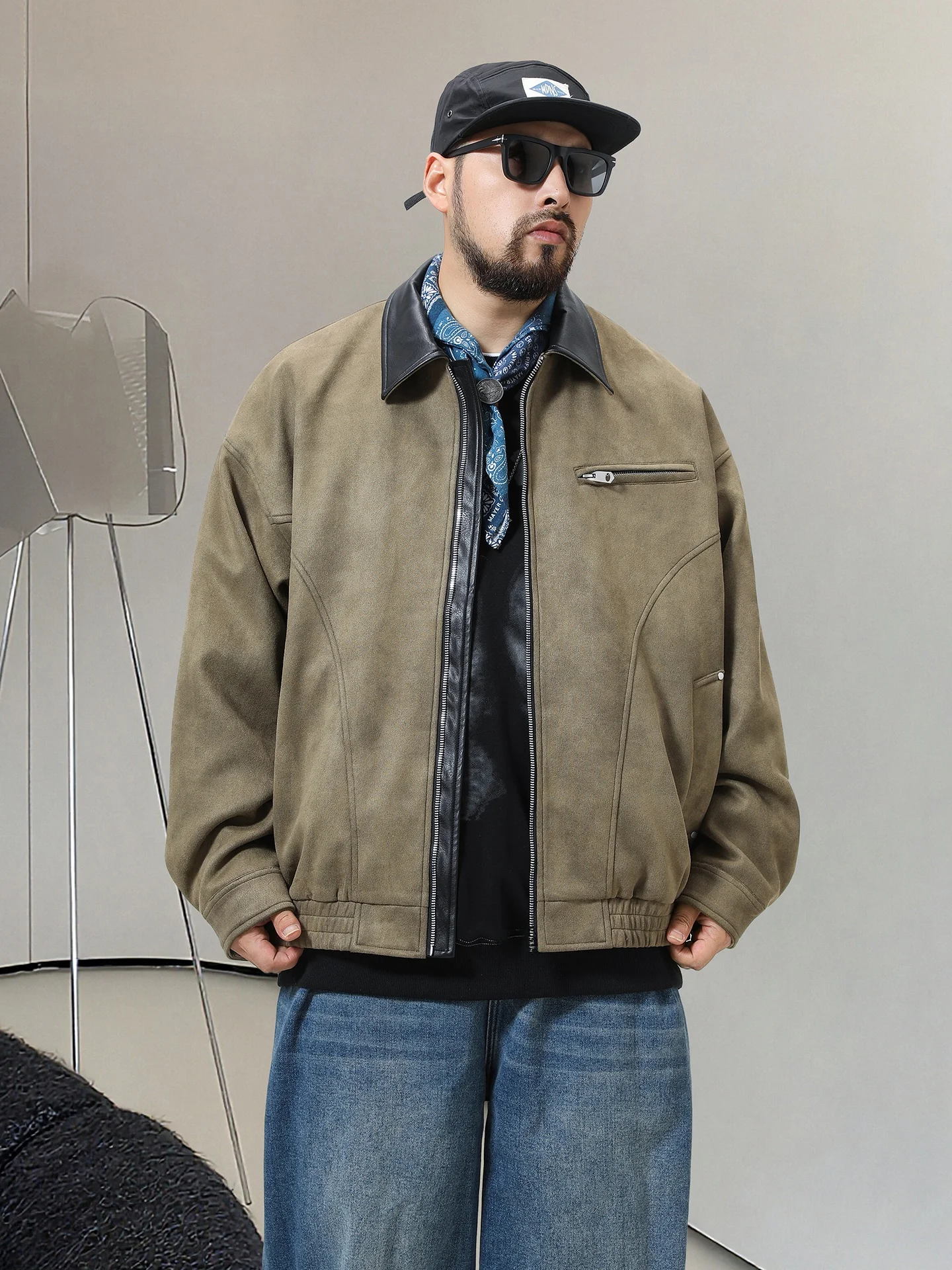 メンズ秋ジャケット大きいサイズアメリカンレトロスレカラースエードカジュアルトップコートジッパー開閉ロングスリーブポリエステル繊維