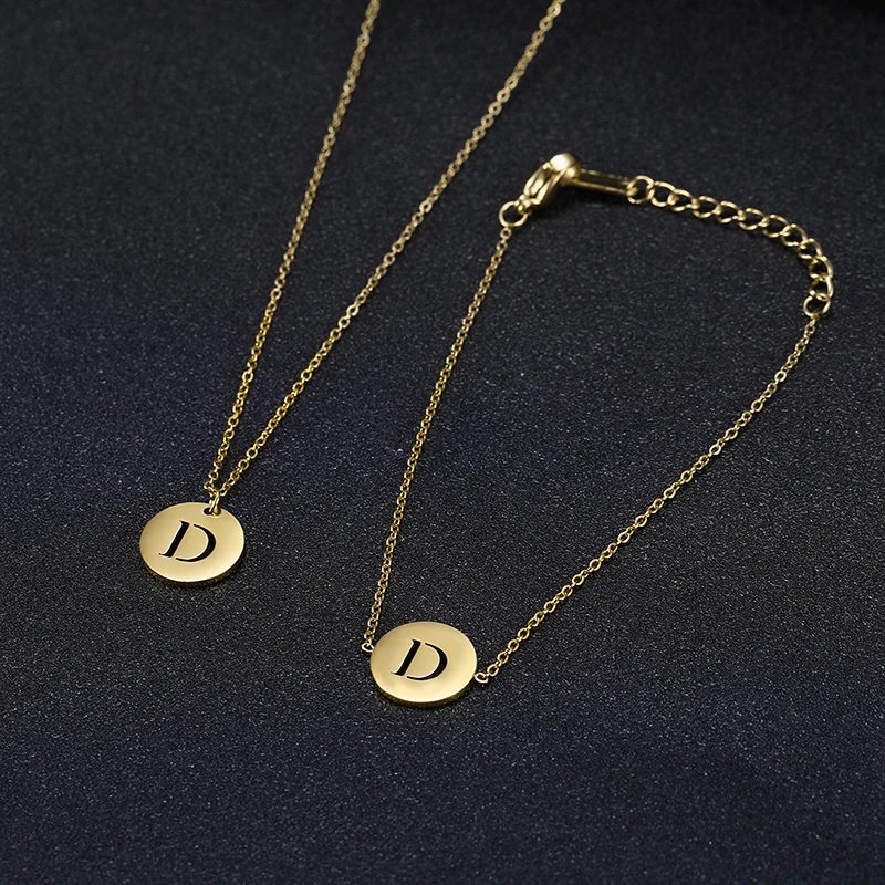 26 Letter Pendant Necklace New Fashion Stainless Steel Round Initials Necklace Bracelet Set Jewelry for Women Birthday Gift