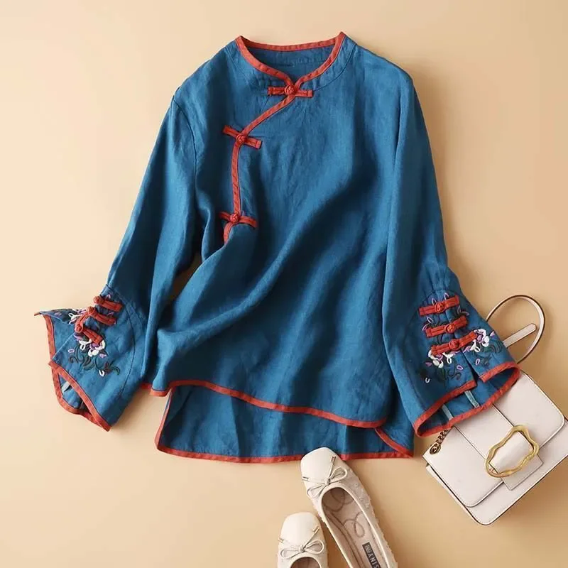 

2025 New Spring Women's Shirt Chinese Style Trendy Artistic Embroidery Loose-fit V-Neck Top For Women Blouse Fashion Clothes