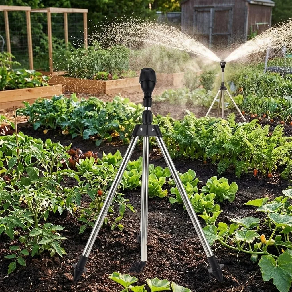 Garden Lawn Sprinkler Tool 360 Degree Automatic Rotating Irrigation Stand Water Jet Stainless Steel Tripod Set For Landscape