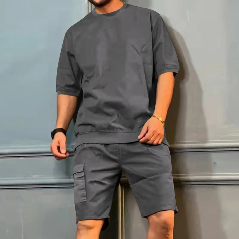 Mens Summer Cargo Sports Set  Cross Border Multi Pocket Five Point Shorts with Trendy Casual Short Sleeve Stylish Mens Two Piece