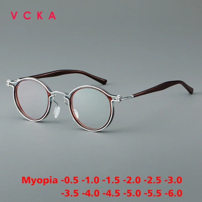 VCKA 2025 NEW Acetate Myopia Adult Glasses Round Vintage TR Metal Frames Men Woman Prescription Custom Eyewear -0.5 TO -6.0