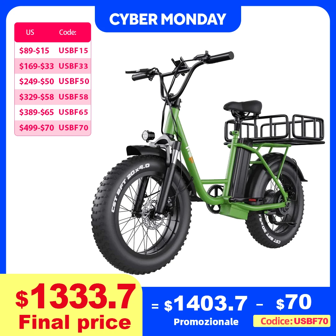 

Ebike Freego Electric Bike 20" x 4 Fat Tire Electric Bicycle 48V 25AH Removable Battery with Front and Rear Cargo Rack 2 Seater