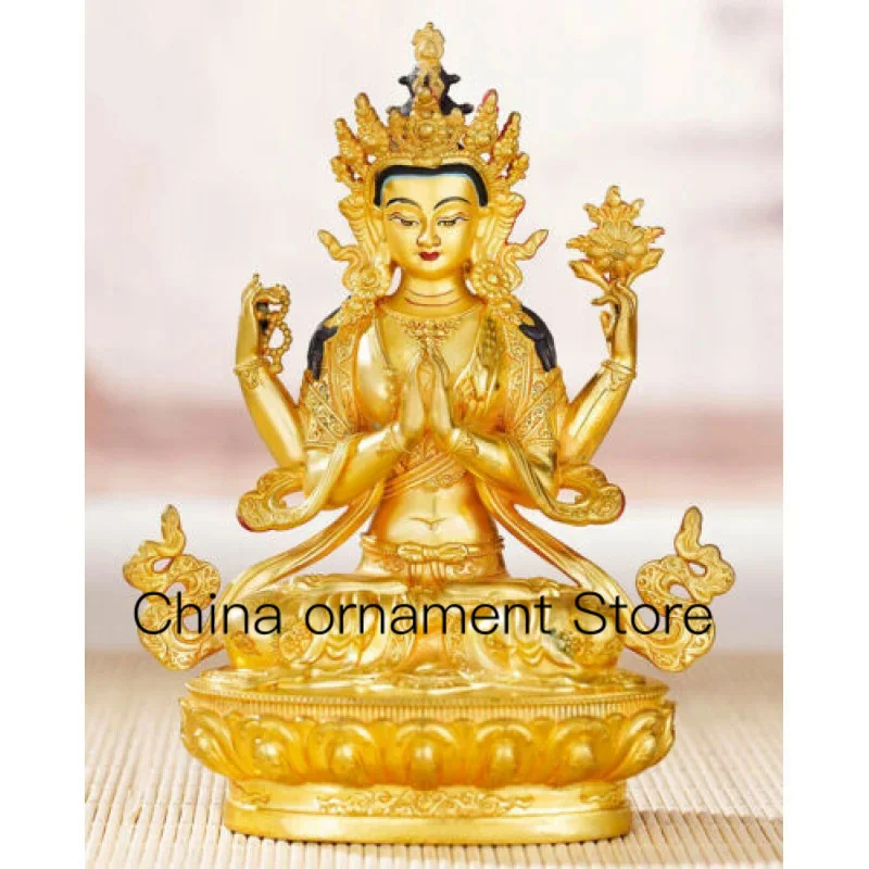 

Old Hand Painted Bronze Buddha Statue Gilded Four-Armed Avalokiteshvara Bodhisattva Tara