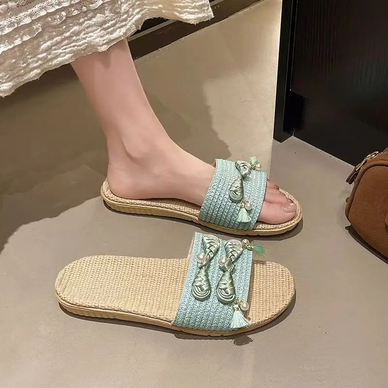 

Women's Summer New Ethnic Style Linen Slippers Flat sole Non Slip Open Toe Lightweight Home Slippers Floor Silent Slippers