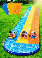 An 18 ft/548 cm three-track slide with 3 bodyboards, lawn water slide with sprinkler for kids and adults, perfect for summer out