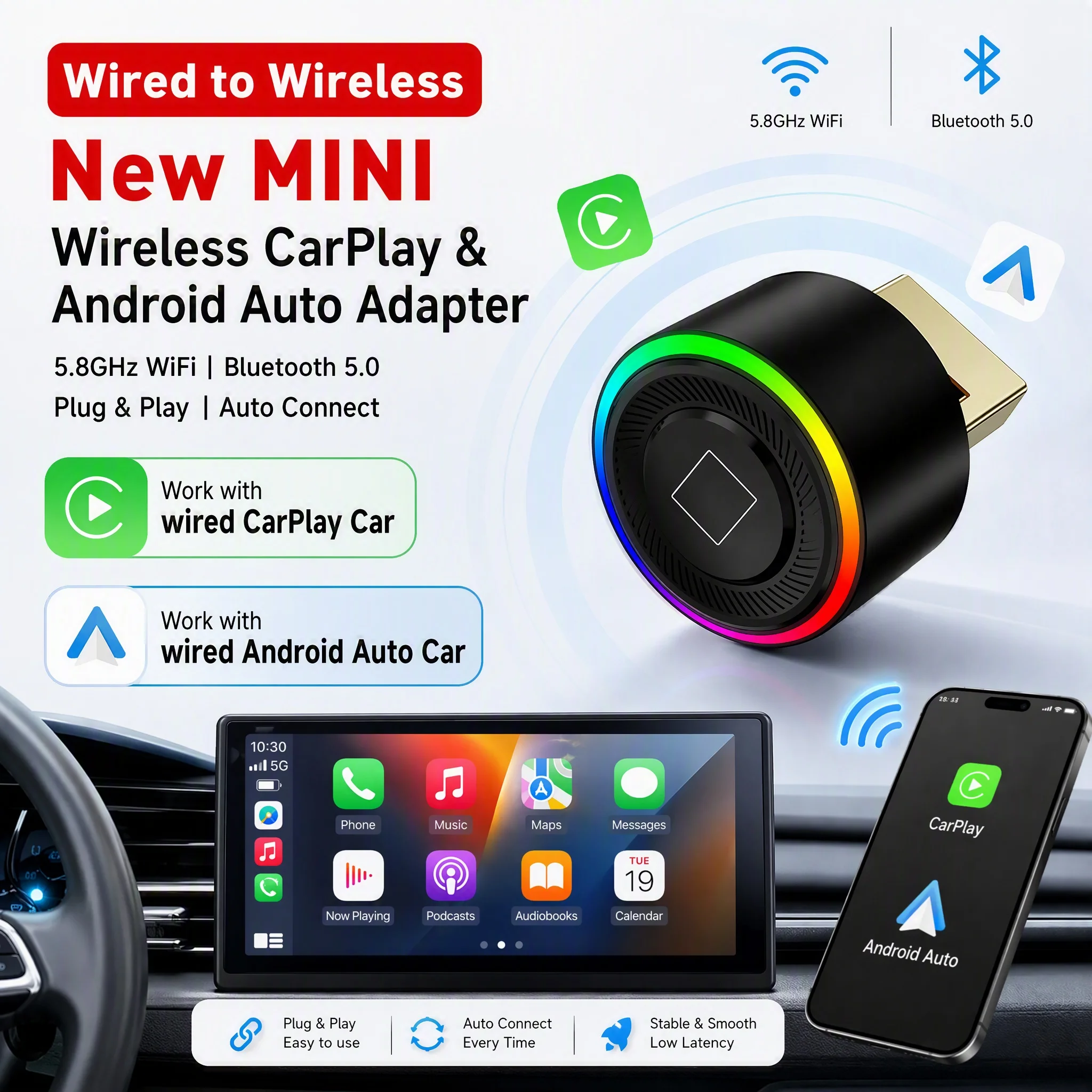 XUDA 2026 New Mini Carplay AI Box Wired to Wireless CarPlay/Android Auto 2in1 Adapter 5GHz WiFi5 One Click Swith or Disconnect