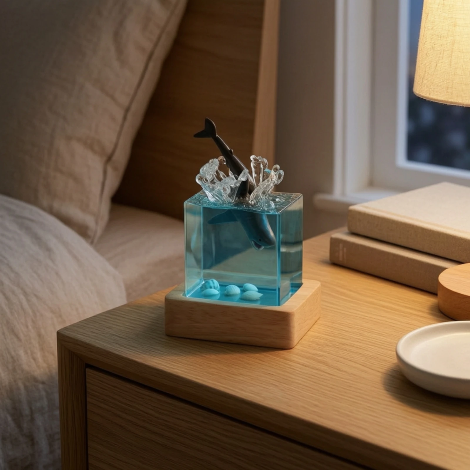 Ocean Resin Lamp Transparent Night Light with Wood Base Lamp with Wood Base Modern Decor Compact for Bedside, Desk