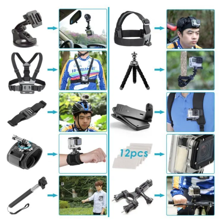 Conjunto de acessórios para câmera de esportes radicais Gopro 50 em 1 Xiaoyi Mountain Dog DJI Osmo Combinação de conjunto de 50 peças