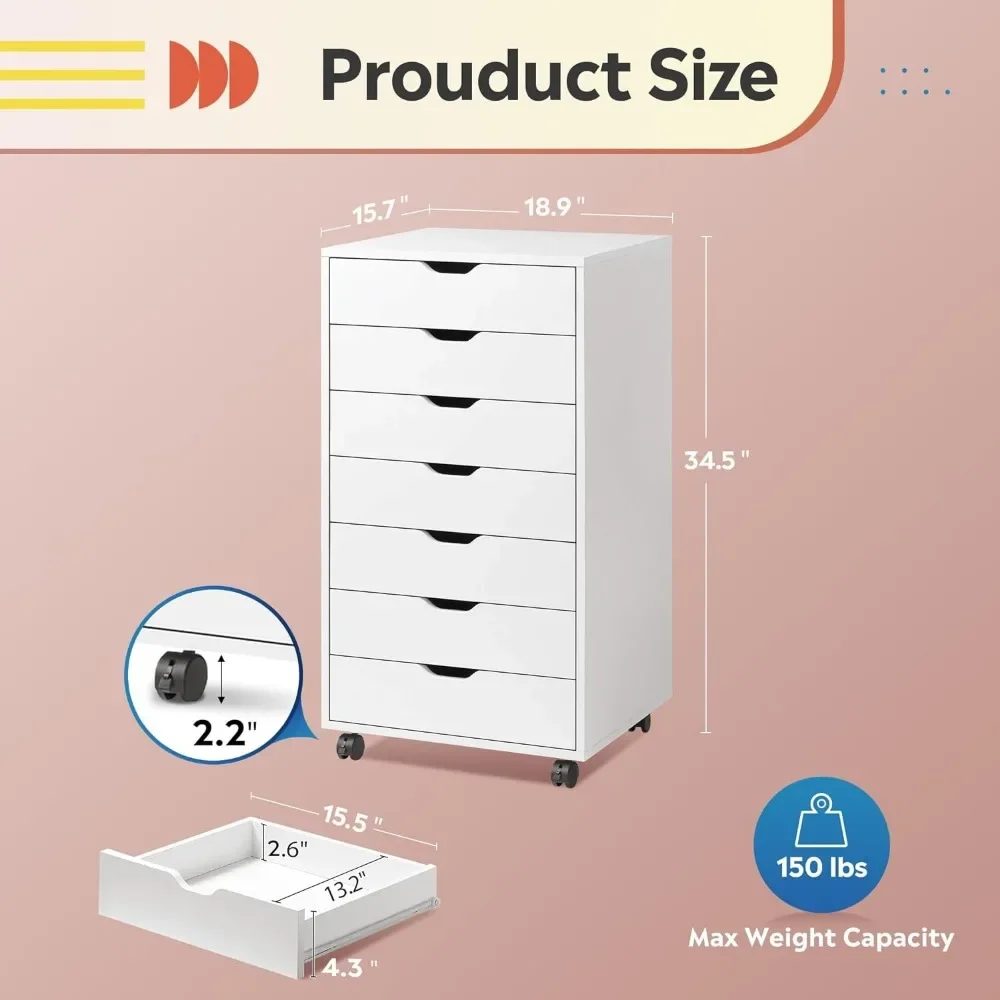 7-Drawer Chest, Wood Storage Dresser Cabinet with Wheels, White，filing cabinet