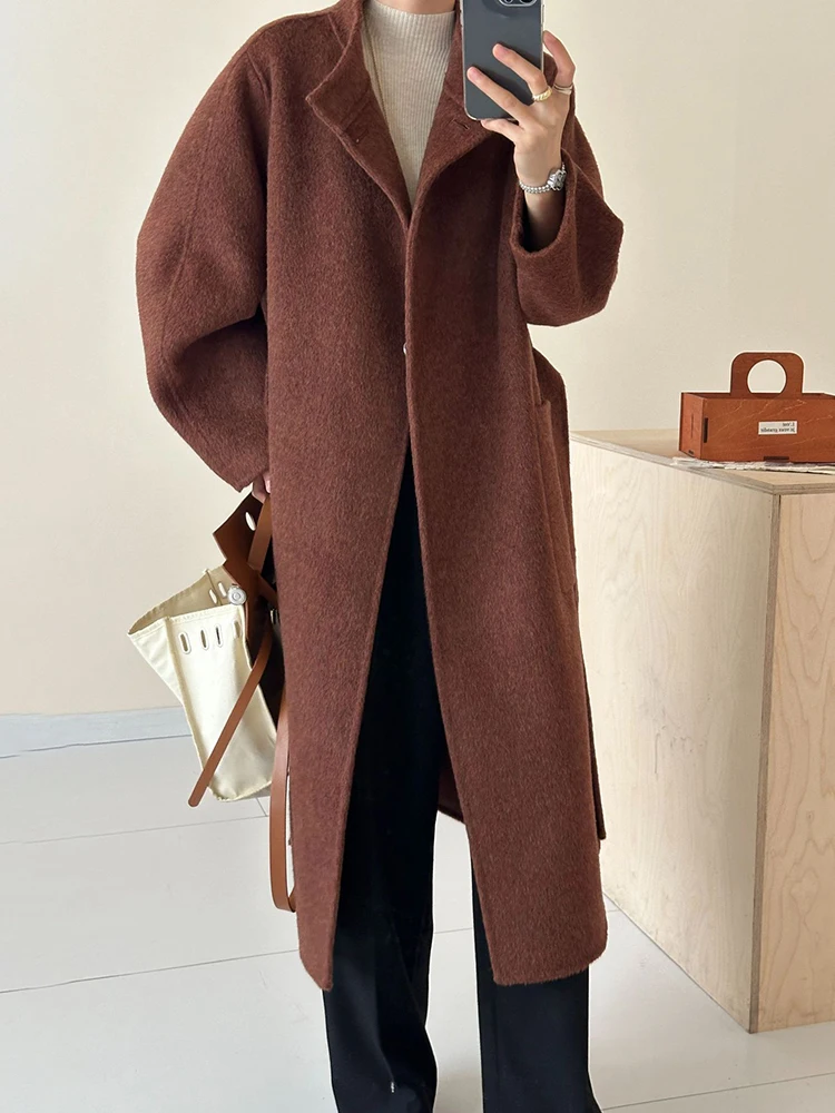 [LANMREM] Temperament Wool Coats For Women Stand Neck Blet Gathered Waist Office Lady Warm Long Outwear 2024 Winter New 26C910