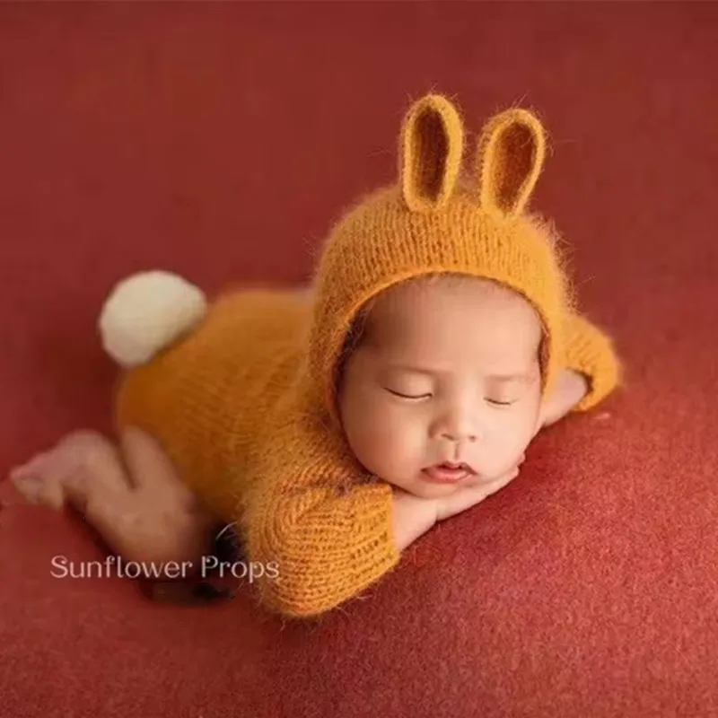 Macacão de coelhinho para recém-nascidos, body macio feito à mão para adereços de fotografia de bebês