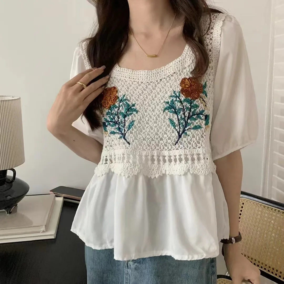 Women Blouse Crochet Knit Square Neck Half Sleeve Floral Embroidery Babydoll Tops Summer Teen-girls Fairycore Cottagecore Outfit